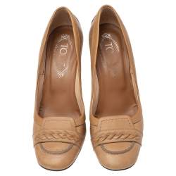 Pre Owned حذاء كعب عالي تودز جلد بيج كعب مربع سميك مقاس 37