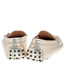 Pre Owned Tod's Metallic Gold Leather T-Buckle Slip On Loafers Size 37
