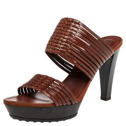 Pre Owned Tod's Brown Leather Strappy Slide Sandals Size 39.5