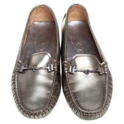 Pre Owned Tod's Grey Patent Leather Horsebit Loafers Size 37.5