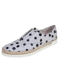 Tod's Grey/Black Dot Printed Leather Francesina Espadrille Slip On Sneakers Size 39.5