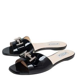 Pre Owned Tod's Black Patent Leather Double T Crystals Embellished Flat Sandals Size 40.5