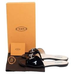 Pre Owned Tod's Black Patent Leather Double T Crystals Embellished Flat Sandals Size 40.5