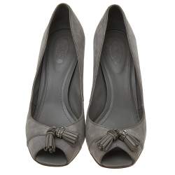 Tod's Grey Suede Embellished Fringe Peep Toe Pumps Size 40