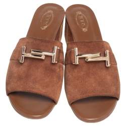 Tod's Brown Suede Double T Slide Sandals Size 39