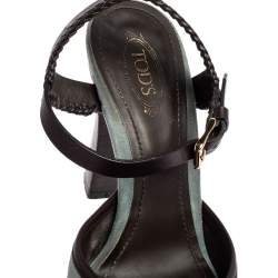 Pre Owned صندل تودزجلد وسويدي بني داكن/أزرق فاتح مجدول نعل سميك مق اس 39.5