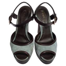 Pre Owned صندل تودزجلد وسويدي بني داكن/أزرق فاتح مجدول نعل سميك مقاس 39.5