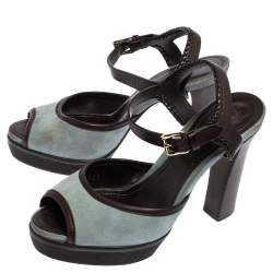 Pre Owned صندل تودزجلد وسويدي بني داكن/أزرق فاتح مجدول نعل سميك مقاس 39.5