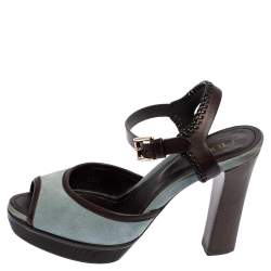 Pre Owned صندل تودزجلد وسويدي بني داكن/أزرق فاتح مجدول نعل سميك مقاس 39.5