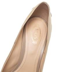 Tod's Beige Patent Leather Horsebit Open Toe Loafer Pumps Size 38