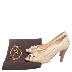 Tod's Beige Patent Leather Horsebit Open Toe Loafer Pumps Size 38