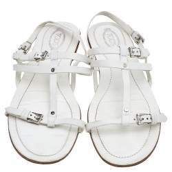 Tod's White Leather Strappy Flat Sandals Size 38.5