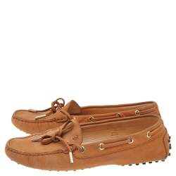 مملوكة مسبقًا Tod's Tan Nubuck Leather Bow Slip On Loafers Size 37.5