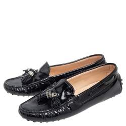 Pre Owned Tod's Black Patent Leather Bow Slip On Loafers Size 35.5