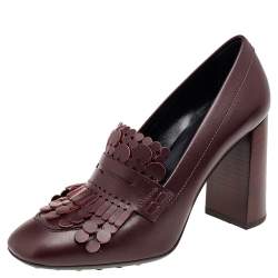 Pre Owned Tod's Burgundy Leather Fringe Loafer Pumps Size 40