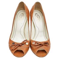 Tod's Brown Leather Bow Peep Toe Pumps Size 37.5 