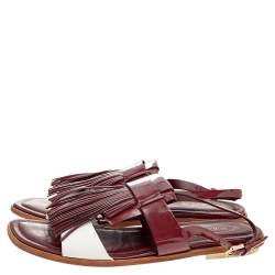 Tod's Burgundy/White Patent Leather And Leather Fringe Flat Sandals Size 38.5