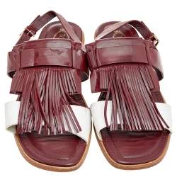 Tod's Burgundy/White Patent Leather And Leather Fringe Flat Sandals Size 38.5