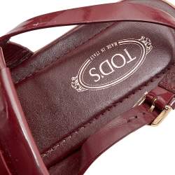 Tod's Burgundy/White Patent Leather And Leather Fringe Flat Sandals Size 38.5