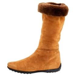 Tod's Yellow/Brown Suede And Fur Calf Length Boots Size 37.5