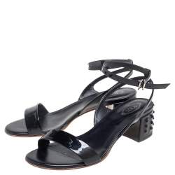 Tod's Black Patent Leather Studded Block Heel Ankle-Strap Sandals Size 38.5