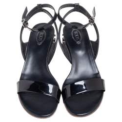 Tod's Black Patent Leather Studded Block Heel Ankle-Strap Sandals Size 38.5