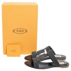 Pre Owned Tod's Black Glitter Leather Flat Slides Size 38.5