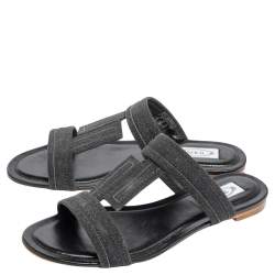 Pre Owned Tod's Black Glitter Leather Flat Slides Size 38.5