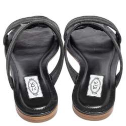 Pre Owned Tod's Black Glitter Leather Flat Slides Size 38.5