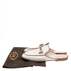 Tod's White/Brown Fabric And Leather Double T Mules Size 38