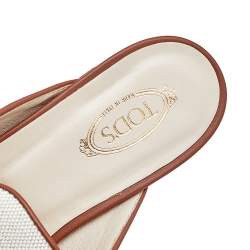 Tod's White/Brown Fabric And Leather Double T Mules Size 38