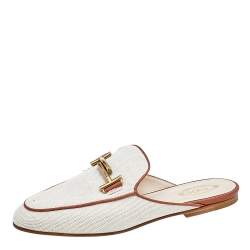 Tod's White/Brown Fabric And Leather Double T Mules Size 38
