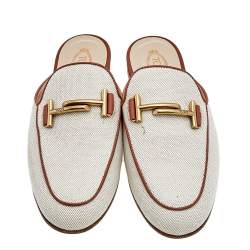 Tod's White/Brown Fabric And Leather Double T Mules Size 38