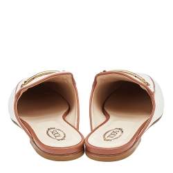 Tod's White/Brown Fabric And Leather Double T Mules Size 38