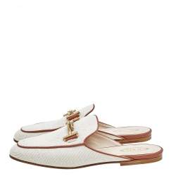 Tod's White/Brown Fabric And Leather Double T Mules Size 38