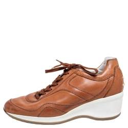 Pre Owned Tod's Tan Leather Icon Trade Lace-Up Wedge Sneakers Size 36