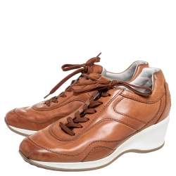 Pre Owned Tod's Tan Leather Icon Trade Lace-Up Wedge Sneakers Size 36