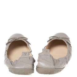 Pre Owned Tod's Grey Croc Embossed Leather Bow Detail Scrunch Ballet Flats Size 40.5