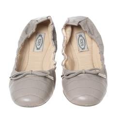 Pre Owned Tod's Grey Croc Embossed Leather Bow Detail Scrunch Ballet Flats Size 40.5