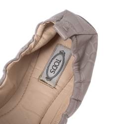 Pre Owned Tod's Grey Croc Embossed Leather Bow Detail Scrunch Ballet Flats Size 40.5