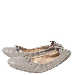 Pre Owned Tod's Grey Croc Embossed Leather Bow Detail Scrunch Ballet Flats Size 40.5