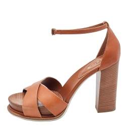 Tod's Brown Leather Wooden Platform Block Heel Ankle Strap Sandals Size 38