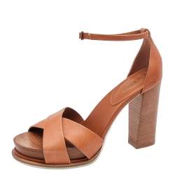Tod's Brown Leather Wooden Platform Block Heel Ankle Strap Sandals Size 38