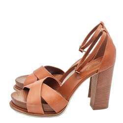 Tod's Brown Leather Wooden Platform Block Heel Ankle Strap Sandals Size 38