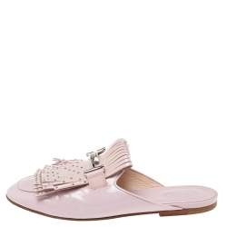 Pre Owned Tod's  Beige Patent Leather Double T Buckle Flat Mules Size 39