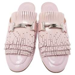 Pre Owned Tod's  Beige Patent Leather Double T Buckle Flat Mules Size 39
