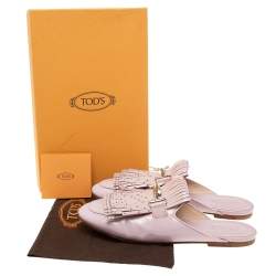 Pre Owned Tod's  Beige Patent Leather Double T Buckle Flat Mules Size 39