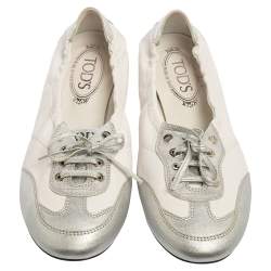 Pre Owned Tod's White/Silver Leather Gomma Lace Slip-On Sneakers Size 39.5