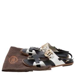 مملوكة مسبقًا Tod's Black/White Leather Embellished Flat Sandals Size 39.5