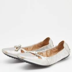 Tod's Metallic Silver Leather Scrunch Ballet Flats Size 37.5